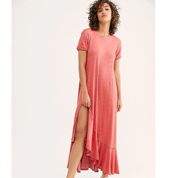 Free People FP Beach Havana Tee Coral Pink Knit High Slit Waterfall Maxi Dress - Picture 1 of 9